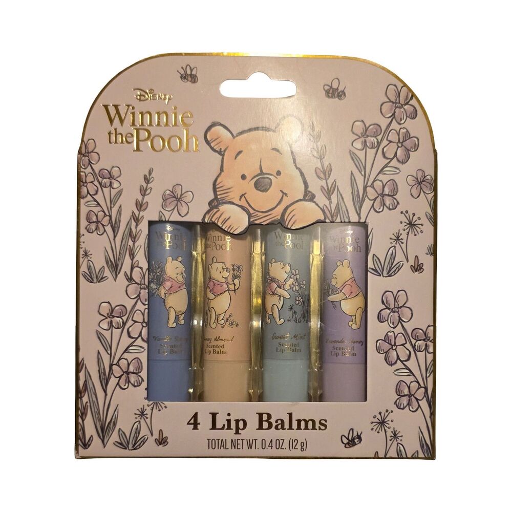 Disney Winnie the Pooh Lip Balm Set 4 Pc Vanilla Honey Mint Lavender 0.4 oz